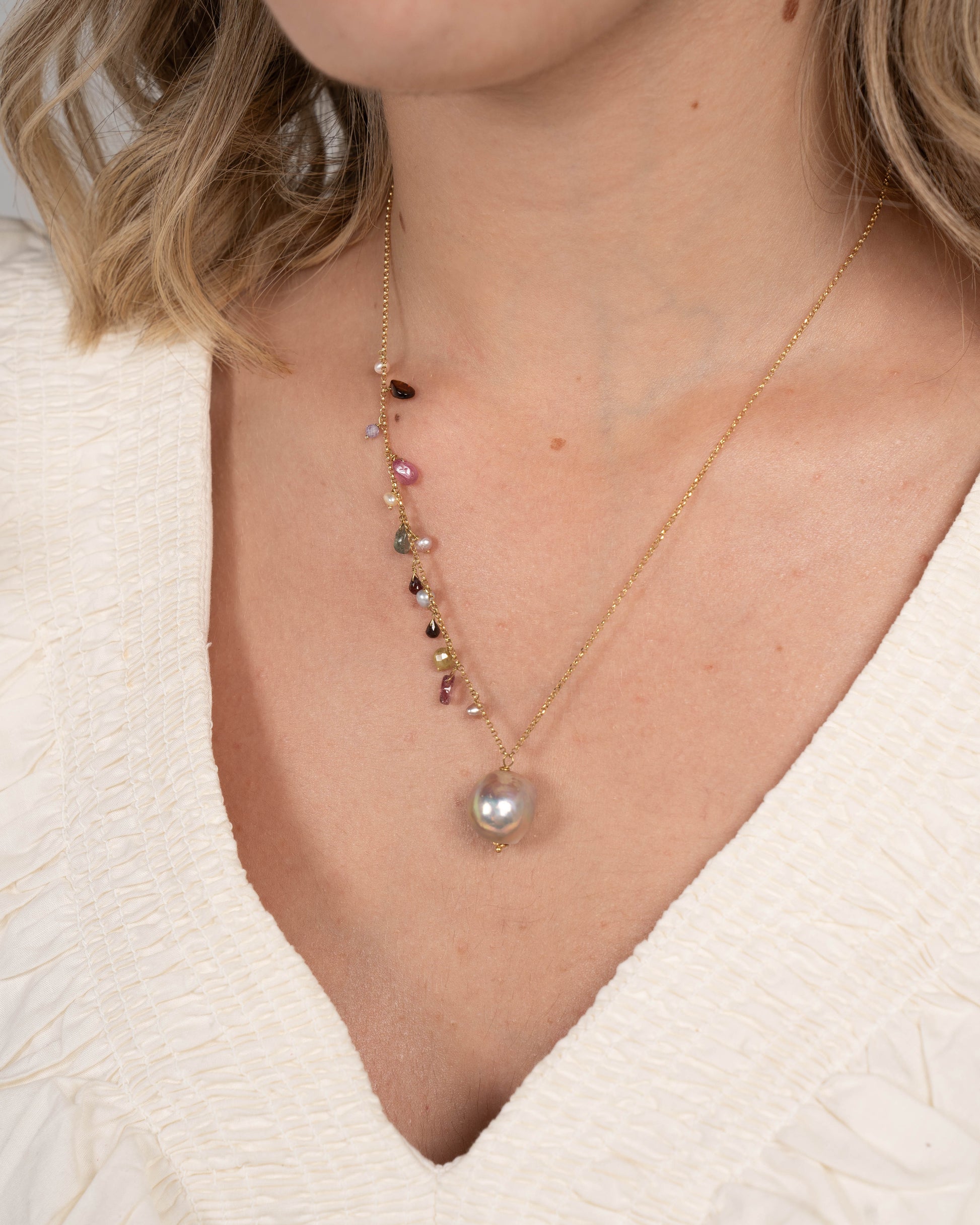 Asymmetrical Multicolour Stones & Pearl Necklace