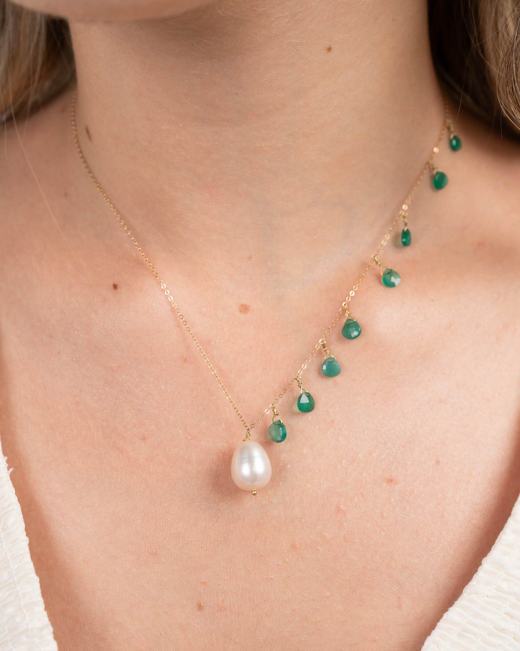 Asymmetric Pearl & Green Semi Precious Stone Necklace