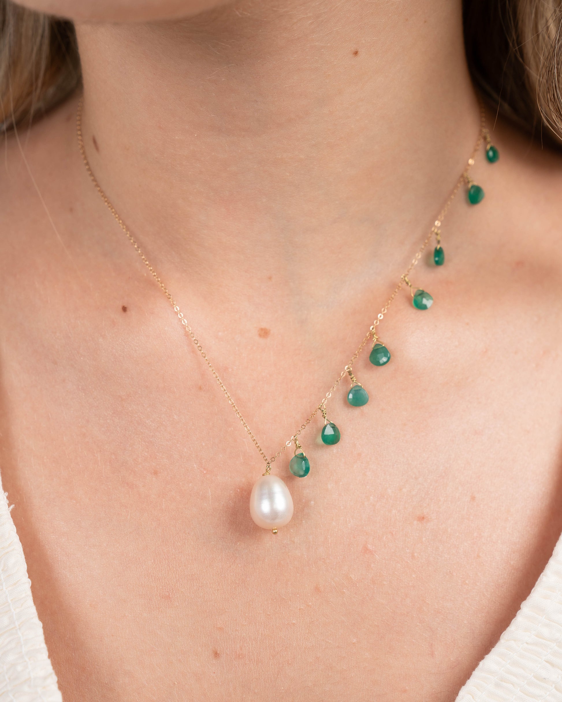 Asymmetric Pearl & Green Semi Precious Stone Necklace